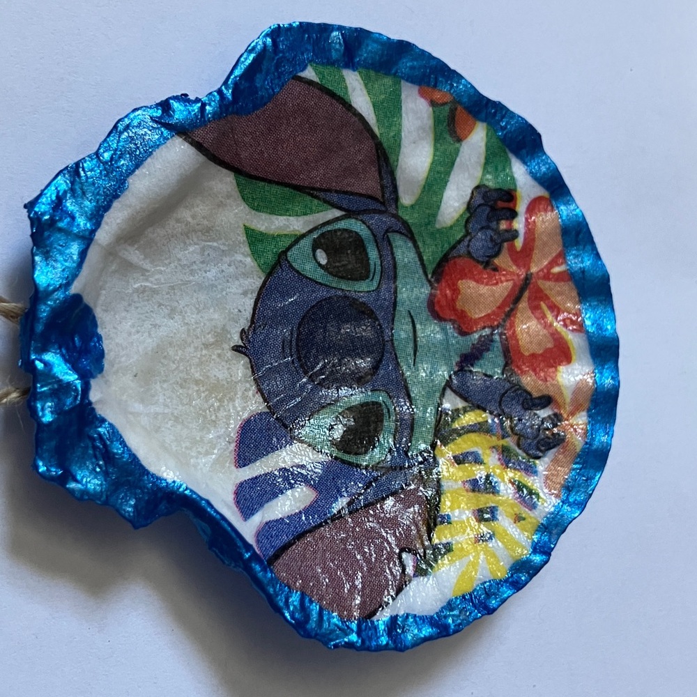 Disney Stitch Handcrafted Shell Ornament Blue Metallic Decoupage - Picture 3 of 4